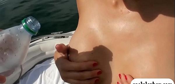  Two sexy girls enjoyed foursome action on speed boat